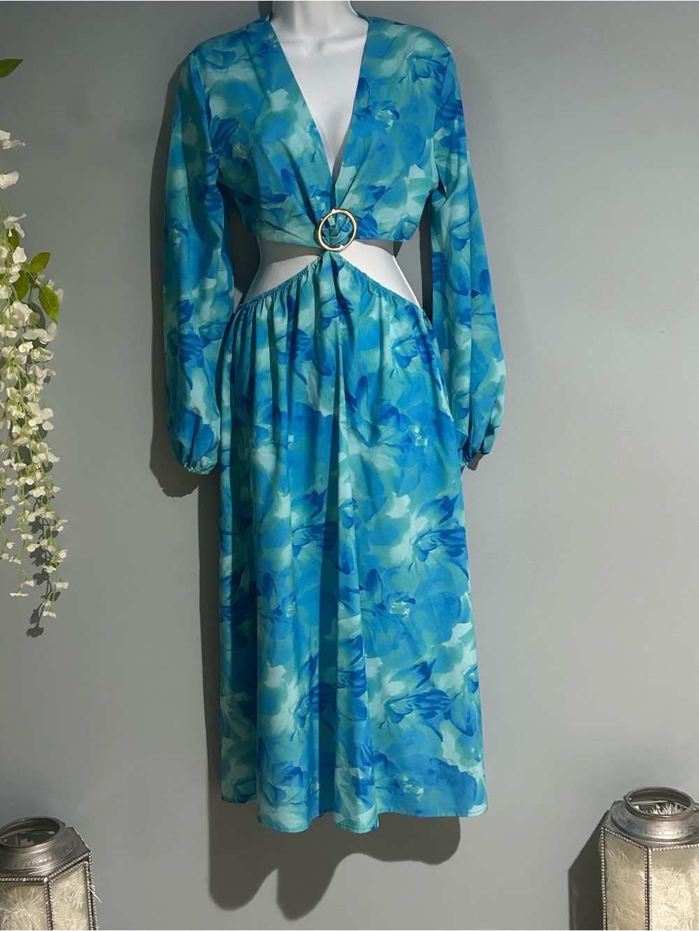 Blue Floral Cutout Maxi Dress with Ring Detail